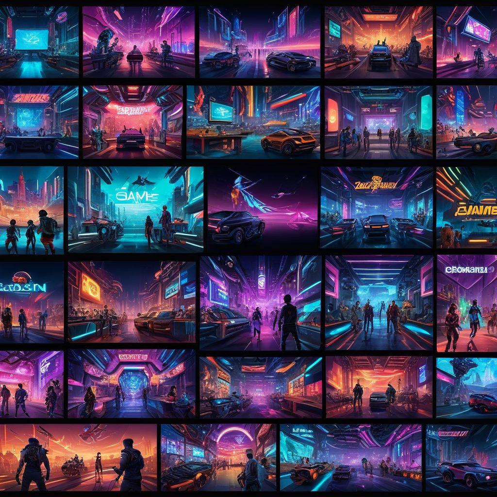 A dynamic and colorful collage of various exciting online games on screens, featuring action-packed scenes, puzzle challenges, and adventure quests, all within a futuristic gaming hub. Include vibrant visuals of diverse characters and iconic game elements. Background filled with glowing neon lights and digital patterns. super-realistic. vibrant colors. cyberpunk.