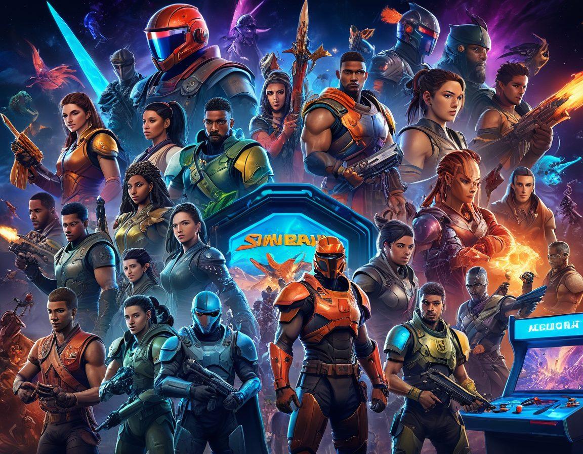 A dynamic collage featuring an array of gaming characters from different genres: fantasy warriors, sci-fi soldiers, sports avatars, and classic arcade icons. Include sleek gaming setups with RGB lighting, high-definition screens, controllers, and futuristic headsets. The background should be an immersive blend of virtual worlds merging into each other. vibrant colors. super-realistic.
